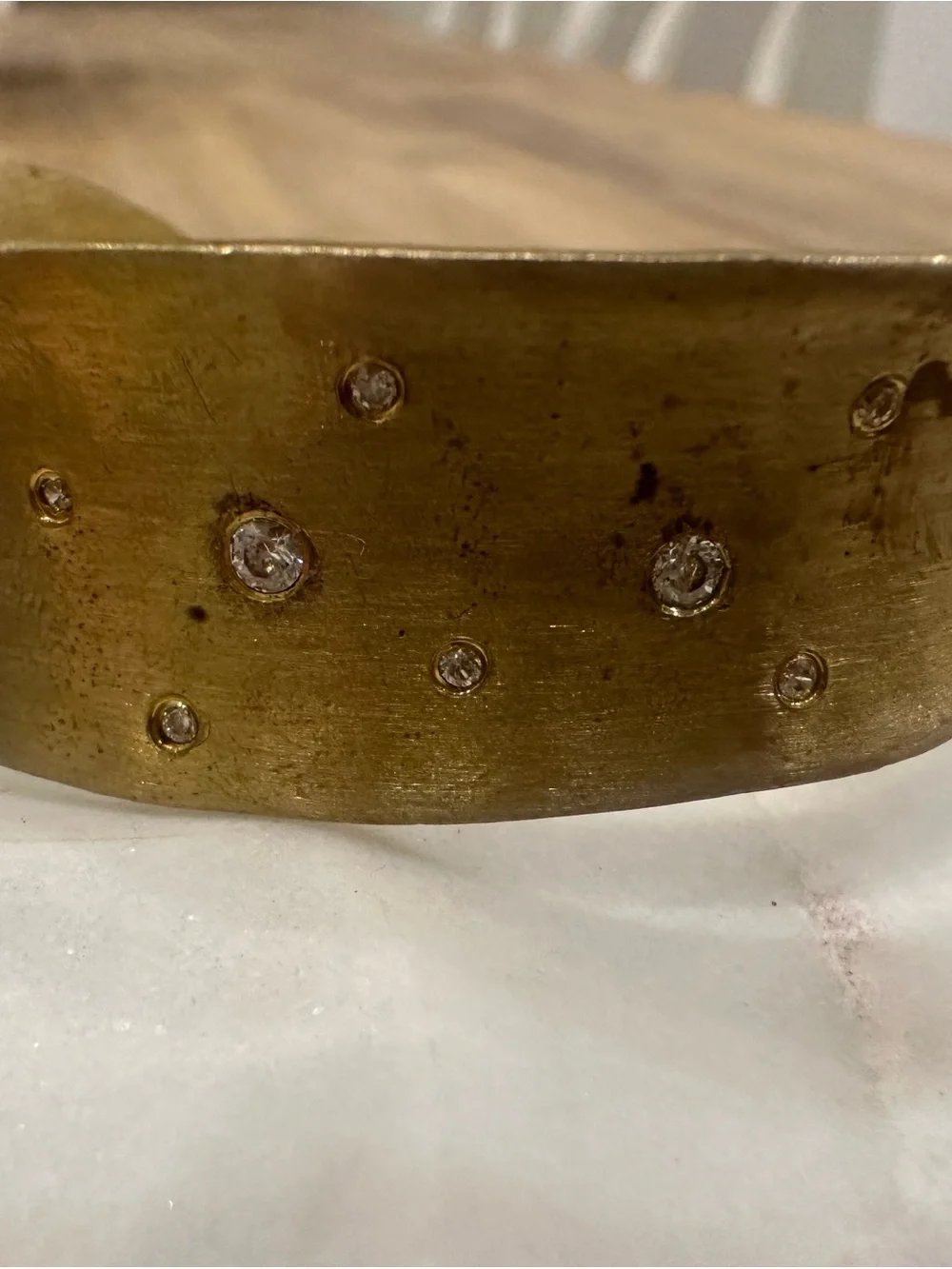 Vintage Hammered Brass Wide Open-Cuff Bracelet with Embedded Crystal Rhinestones